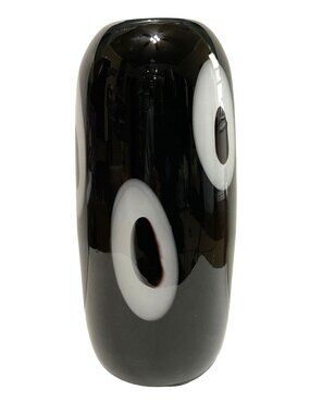 Murano Art Glass Black Cased Glass Vase Hand Blown White Circles Polished 13" H